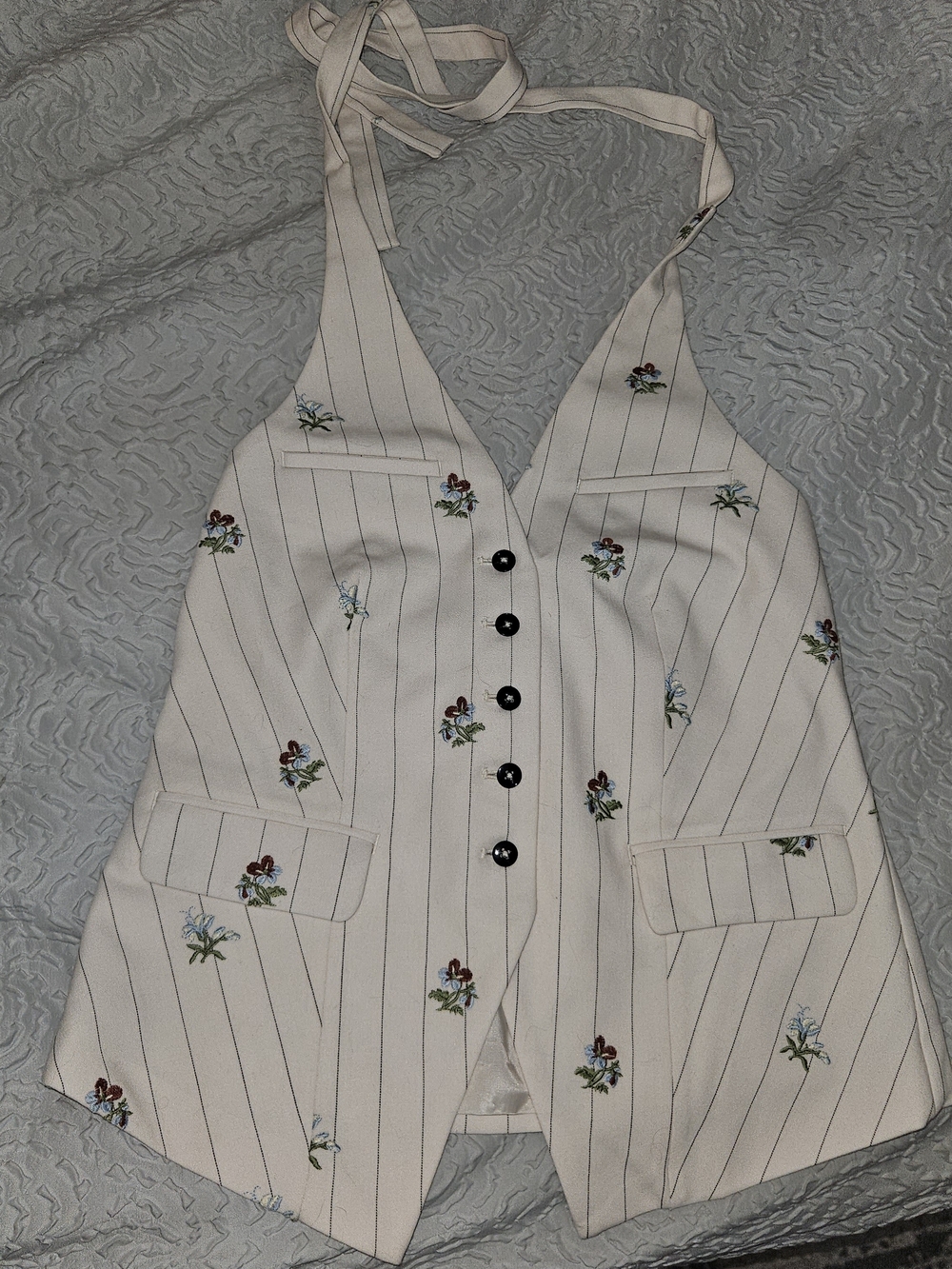 Maeve Cream Pinstripe Halter Vest with Floral Embroidery